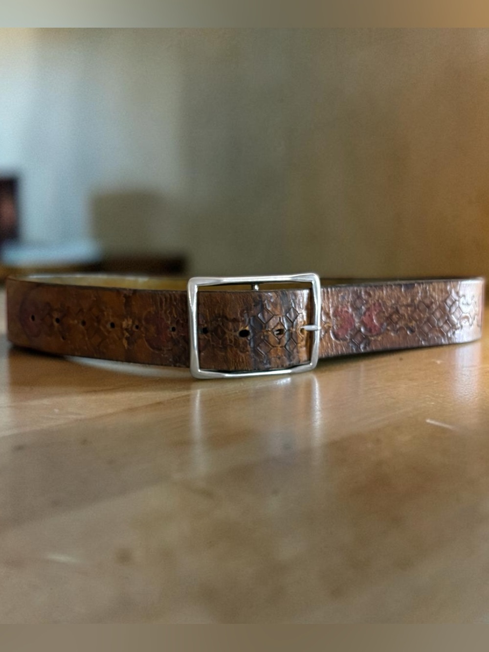 Brown Leather Floral Embossed Belt with Silver Buckle